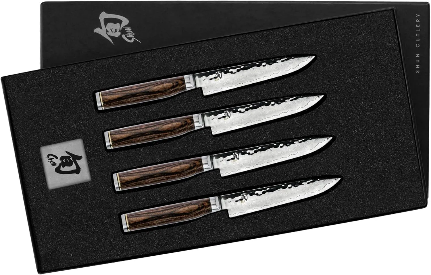 Shun Premier Steak Knife Set, 4 Piece, 5" Premier Steak Knives, Handcrafted Japanese Knife Set, VG-MAX Core with Damascus Stainless Steel Cladding, Pakkawood Handle