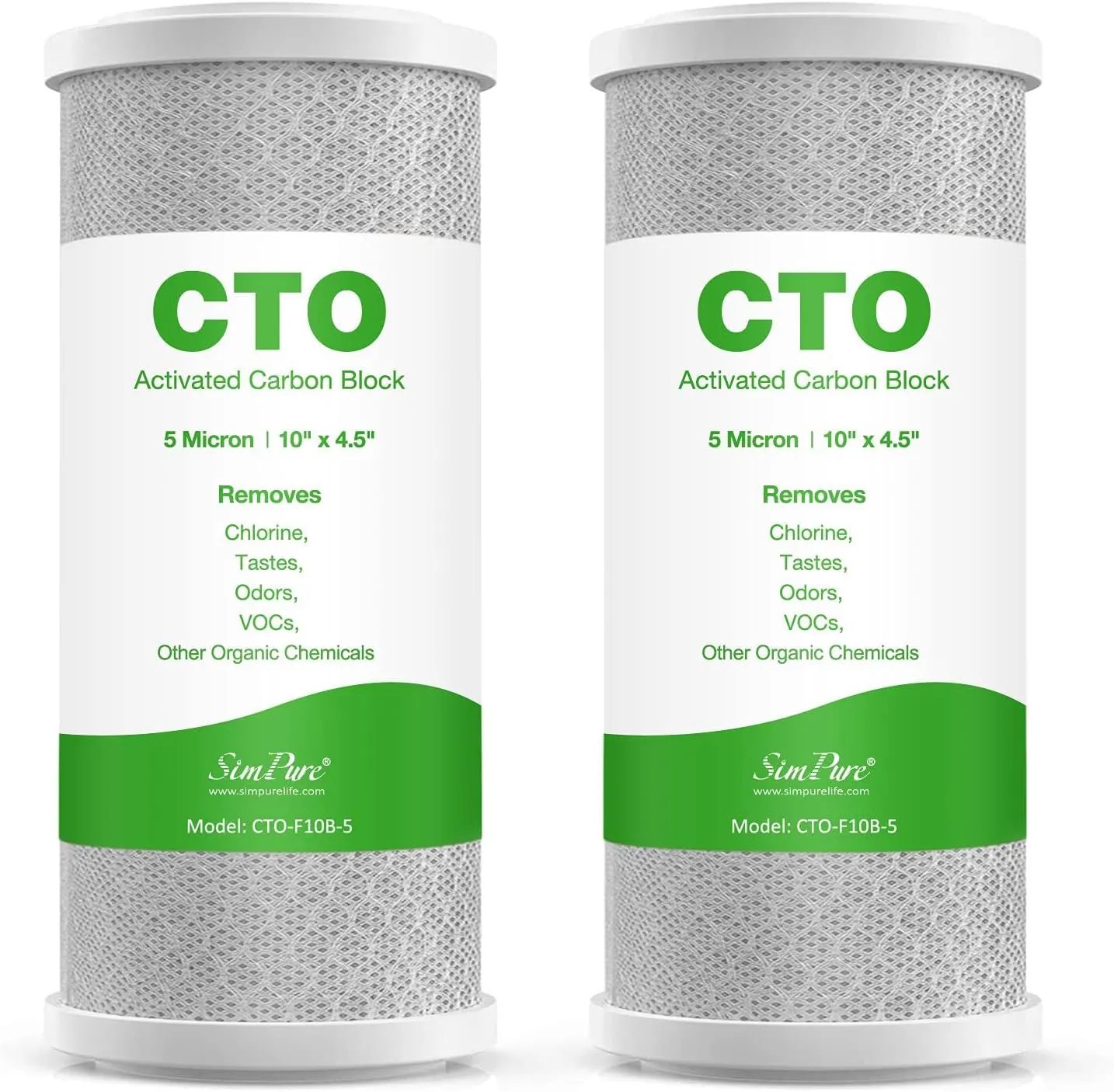 SimPure 5 Micron 10 x 4.5 Inch Whole House Carbon Water Filter | CTO Activated Coconut Carbon Replacement Cartridge | Fits DB10P, DB10C-2, GE GXWH40L, GXWH35F, BB10, FXHTC, FC15B (2Pack)