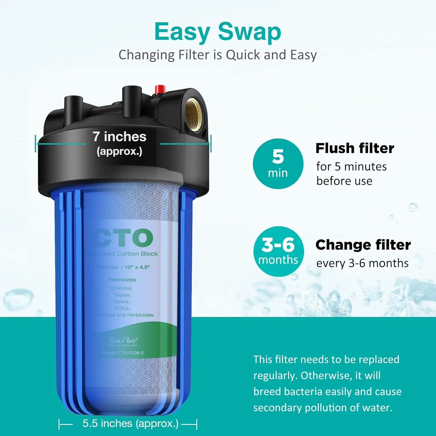 SimPure 5 Micron 10 x 4.5 Inch Whole House Carbon Water Filter | CTO Activated Coconut Carbon Replacement Cartridge | Fits DB10P, DB10C-2, GE GXWH40L, GXWH35F, BB10, FXHTC, FC15B (2Pack)