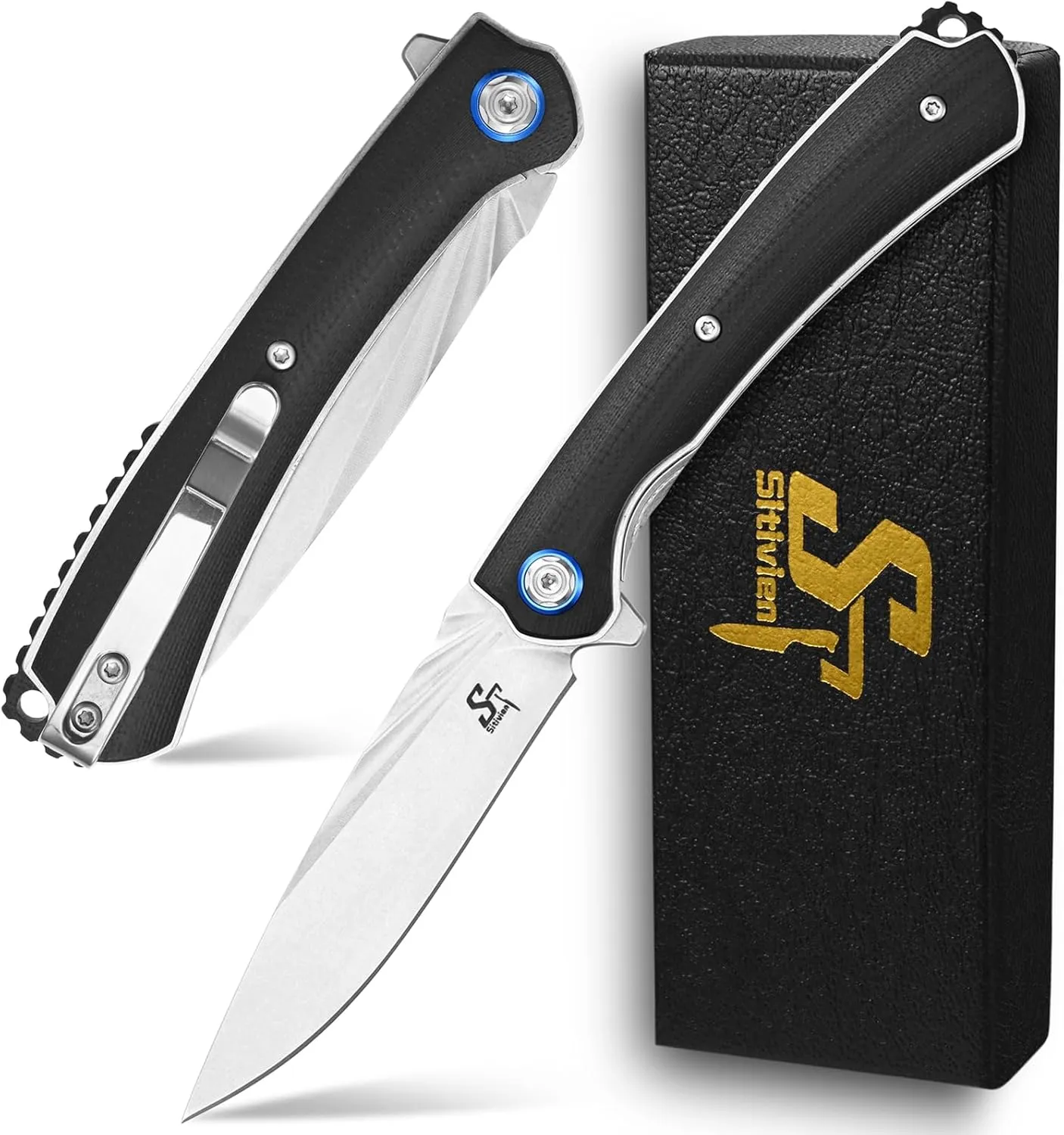 Sitivien ST144 Folding Knife,14C28N Steel Blade,G10 Handle Pocket Knife for Outdoor EDC Camping,Survival,Hiking,Fishing(Black)