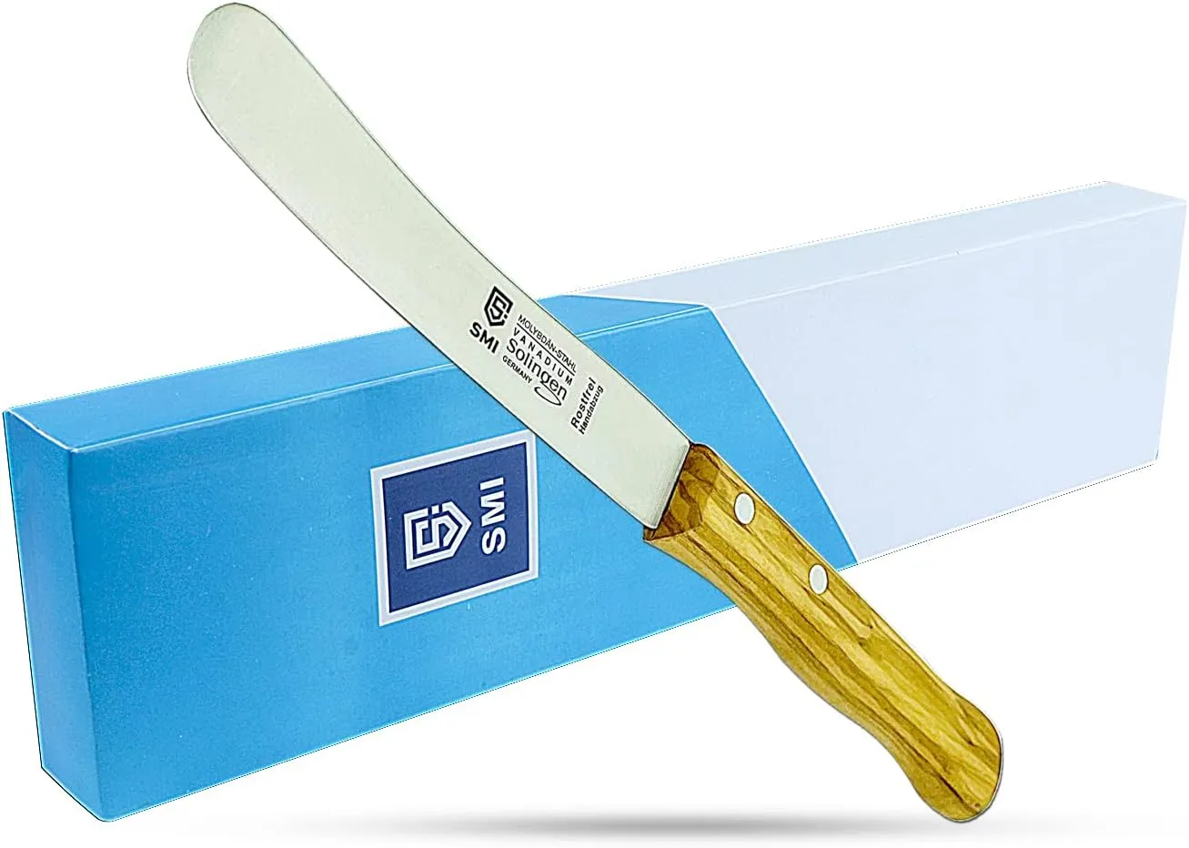 SMI - Bread Knife Solingen Butter Knife Olive Wood Handle Butter Spreader Table Knife with Wide Blade - Made in Germany - Not Dishwasher Safe