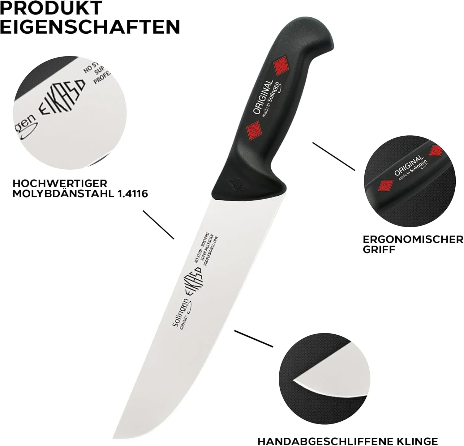 Solingen Meat Knife/Slaughter Knife Set 3-Piece for Professionals and Private Use (Black), Made In Germany