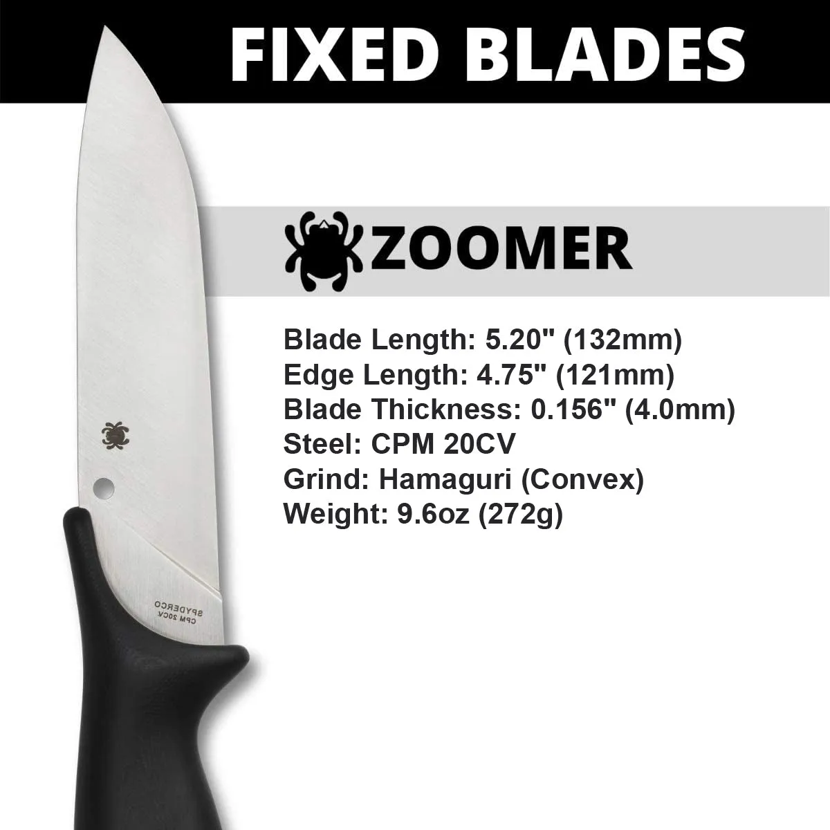 Spyderco FB42GP Zoomer Hamaguri Convex 20CV Hidden Tang Fixed Blade PlainEdge Knife
