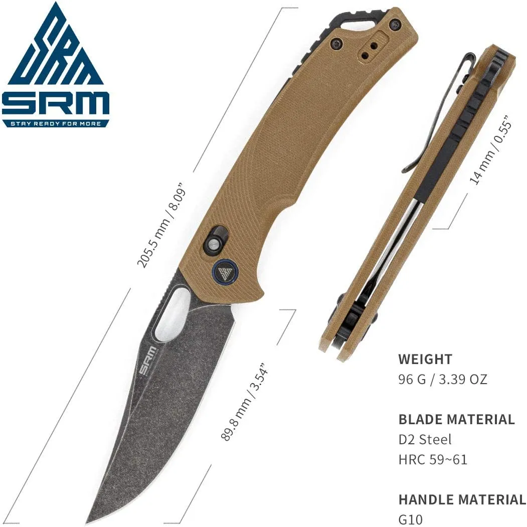 SRM Folding Pocket Knife, 2-Position Pocket Clip, Ambidextrous lock, D2 Steel Blade, Thumb Hole Opening, G10 Handle, Cool Knives for Outdoor Survival Camping EDC
