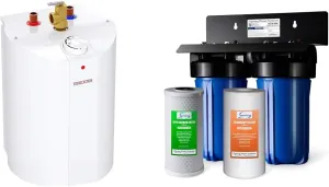 Stiebel Eltron 233219 2.5 gallon, 1300W, 120V SHC 2.5 Mini-Tank Electric Water Heater & iSpring WGB21B 2-Stage Whole House Water Filtration System, with 10" x 4.5" Sediment CTO