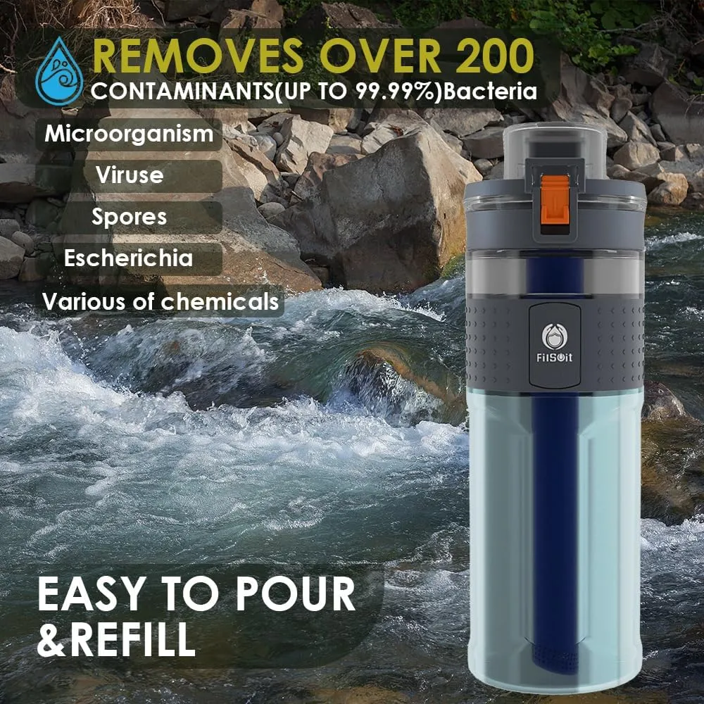 Straw Filter Water Bottle Outdoor Water Bottle with Filter Water Purifier Filtration Bottle Survival Emergency Hiking Travel and Backpacking Water Filter 17oz