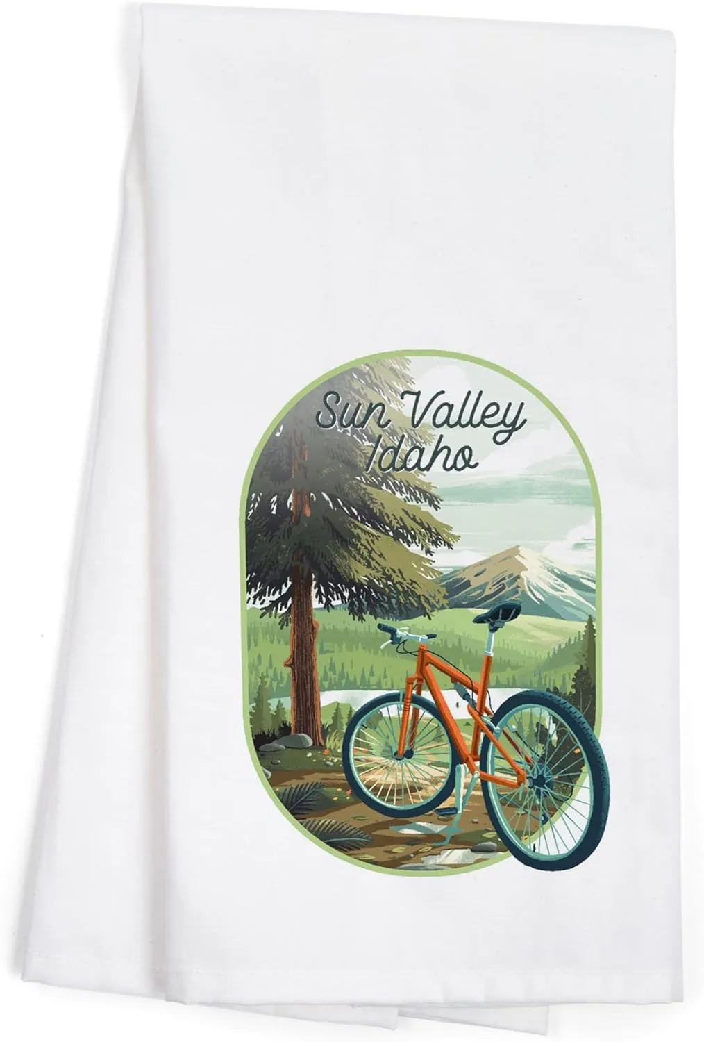 Sun Valley, Idaho, Off to Wander, Cycling with Mountains, (100% Cotton Tea Towel, Decorative Hand Towel, for Kitchen and Home)