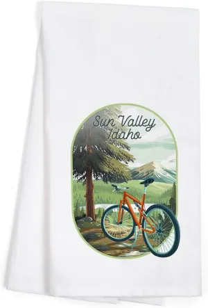 Sun Valley, Idaho, Off to Wander, Cycling with Mountains, (100% Cotton Tea Towel, Decorative Hand Towel, for Kitchen and Home)