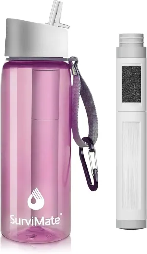 SurviMate 5-Stage 0.01μm Ultra-Filtration Filtered Water Bottle, BPA-Free Material, NSF/ANSI 42&372 Certified, Portable Water Filter Bottle for Survival, Camping, Hiking, and Emergency Use