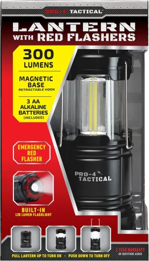 Tactical Portable Lantern with Bright Light, 300 Lumens, Magnetic Base, Retractable Hanging Hook and Handles, Built-in Emergency Red Hazard Flasher, OnOff Option, and 3 AA Batteries