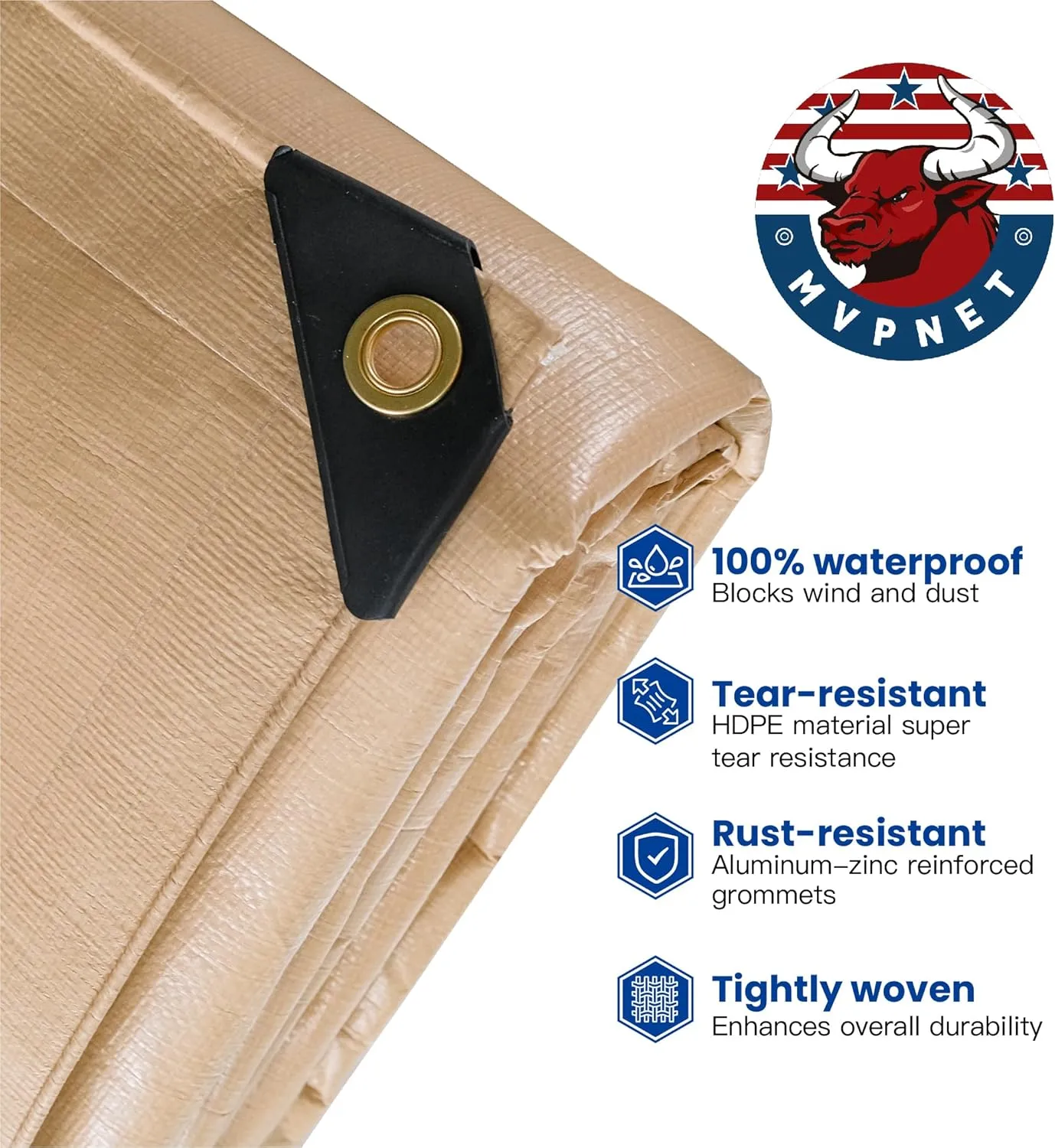 Tarp 15x20 Heavy Duty Waterproof Beige Tarp 12.5mil,Durable,Multipurpose, Weather Resistant,Uv Resistant,Tear Resistant,Can Be Used for Outdoor Furniture,Cars,Ships,Roofs-by MVPNET
