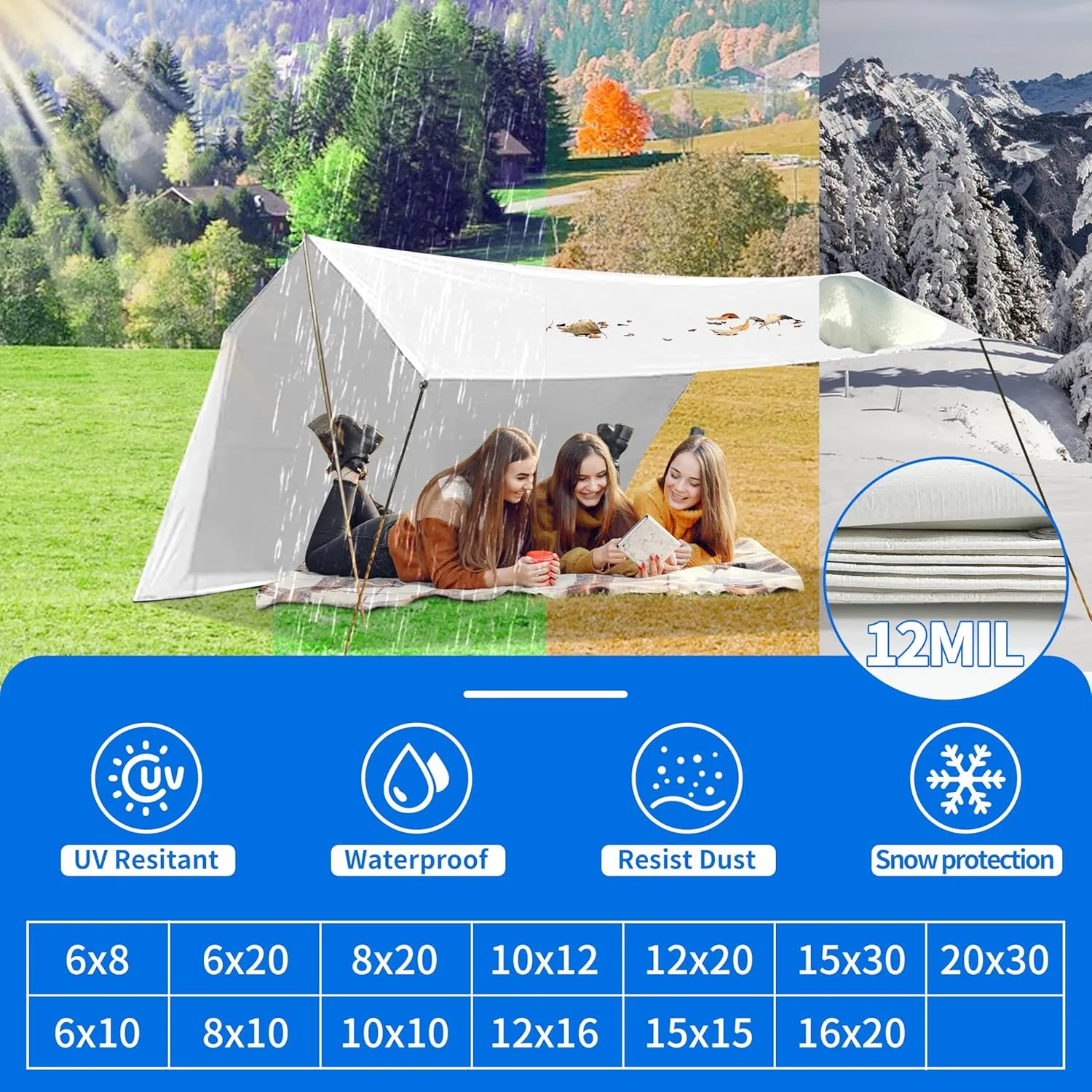 Tarp 6x10 ft Heavy Duty 12mil 100% Waterproof High Durability Multipurpose,Uv Resistant,White Tarp Suitable for Swimming Pools, Boats, Camping, Courtyards, Etc -by MVPNET