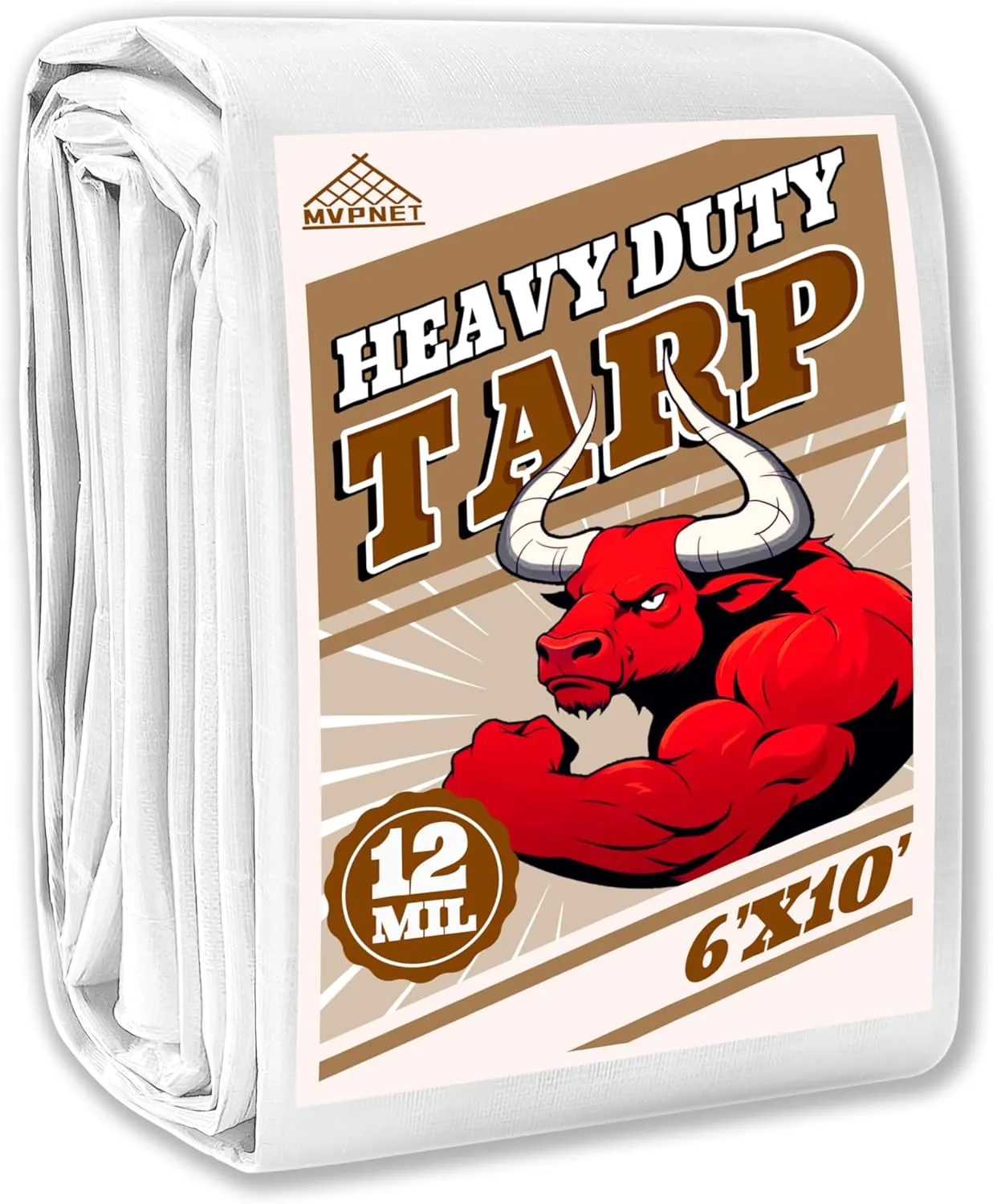 Tarp 6x10 ft Heavy Duty 12mil 100% Waterproof High Durability Multipurpose,Uv Resistant,White Tarp Suitable for Swimming Pools, Boats, Camping, Courtyards, Etc -by MVPNET