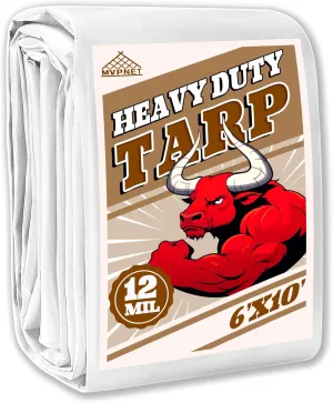 Tarp 6x10 ft Heavy Duty 12mil 100% Waterproof High Durability Multipurpose,Uv Resistant,White Tarp Suitable for Swimming Pools, Boats, Camping, Courtyards, Etc -by MVPNET