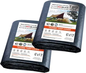Tarp Heavy Duty Waterproof 6x13ft,TEZONG Black Tarp 12Mil Plastic Tarpaulin Outdoor Tarp Cover for Emergency Rain,Patio Furniture,Wood,Roof,Camping,Car,Pool 2pack