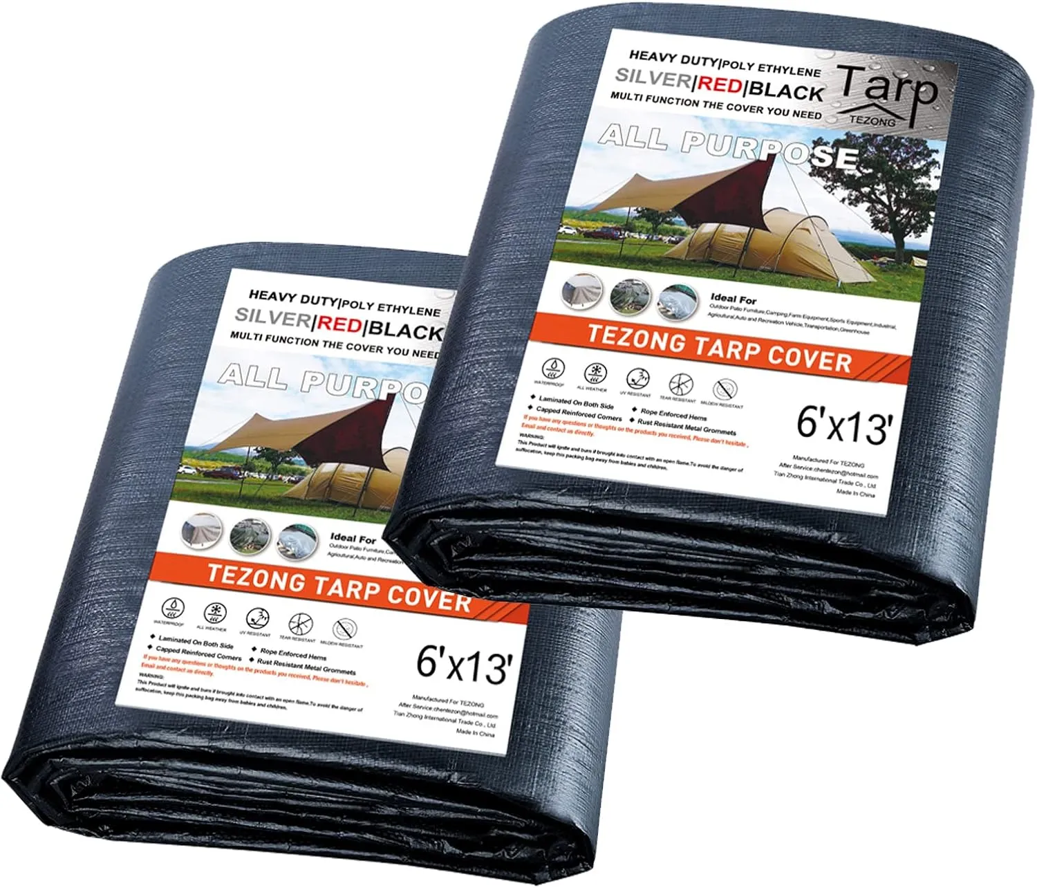 Tarp Heavy Duty Waterproof 6x13ft,TEZONG Black Tarp 12Mil Plastic Tarpaulin Outdoor Tarp Cover for Emergency Rain,Patio Furniture,Wood,Roof,Camping,Car,Pool 2pack