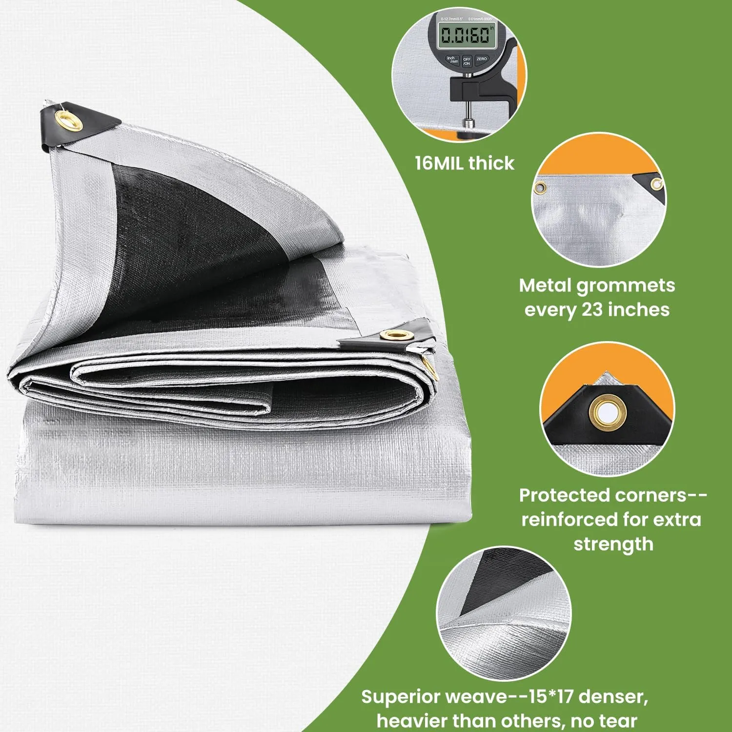 Tarp Waterproof 10' X 12', Heavy Duty Tarps Waterproof 16 Mil Large Tarp with Grommets Multipurpose Protective Poly Outdoor for Roof, Camping, Patio, Pool, Boat, Car|Silver/Black