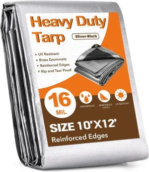 Tarp Waterproof 10' X 12', Heavy Duty Tarps Waterproof 16 Mil Large Tarp with Grommets Multipurpose Protective Poly Outdoor for Roof, Camping, Patio, Pool, Boat, Car|Silver/Black