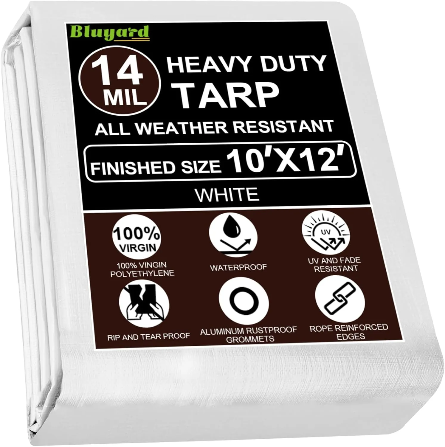 Tarp Waterproof 10x12 Ft Heavy Duty Tarp Thicker 14 Mil Large Tarps with Grommets and Reinforced Edges, UV Resistant Tear&Fade Resistant Plastic Tarp for Outdoor Camping Roof Pool Tent, White
