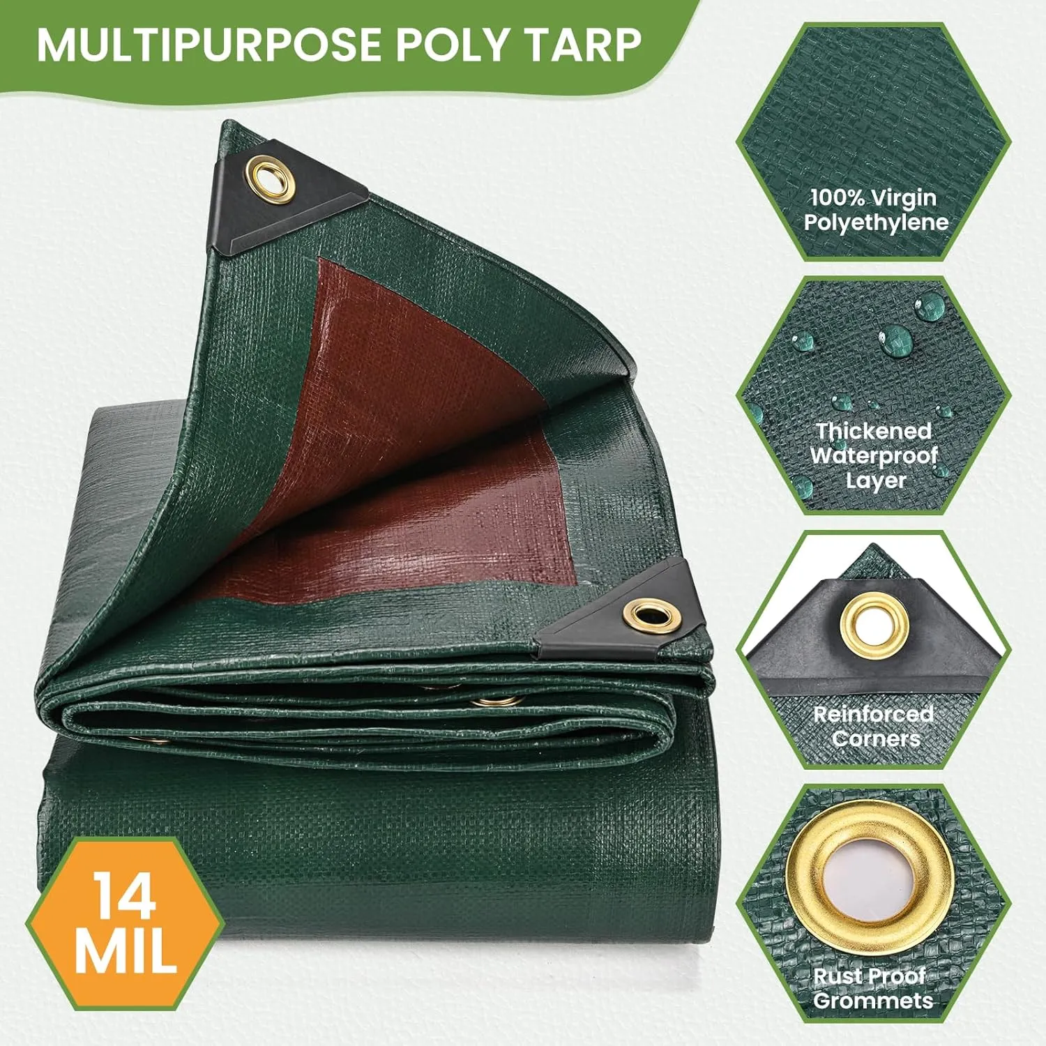 Tarp Waterproof 12' X 20', 14 Mil Heavy Duty Tarps Waterproof Multipurpose Protective Cover Large Tarp UV All Weather Resistant for Shelter Camping, Green/Brown
