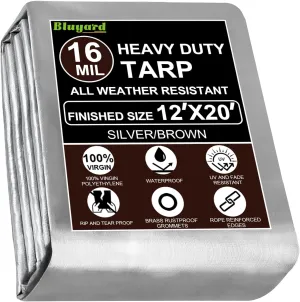 Tarp Waterproof 12x20 Ft Heavy Duty Tarp Thicker 16 Mil Large Tarps with Brass Grommets and Reinforced Edges, UV&Fade Resistant Tear Resistant Plastic Tarp for Outdoor Camping Roof Pool Tent