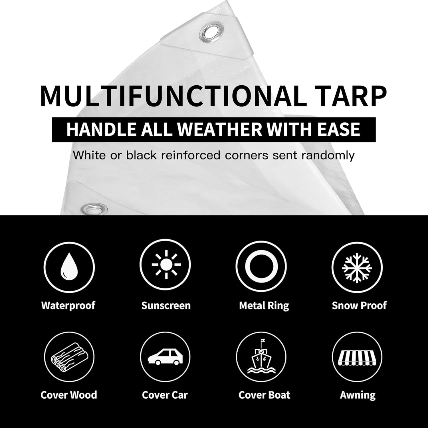 TARPAL 10'x10' White Tarp Waterproof 7.5 mil Medium Duty All Purpose Poly Tarps Cover Waterproof,Snow Proof UV Protection,Rip and Tear Proof,Poly Tarpaulin