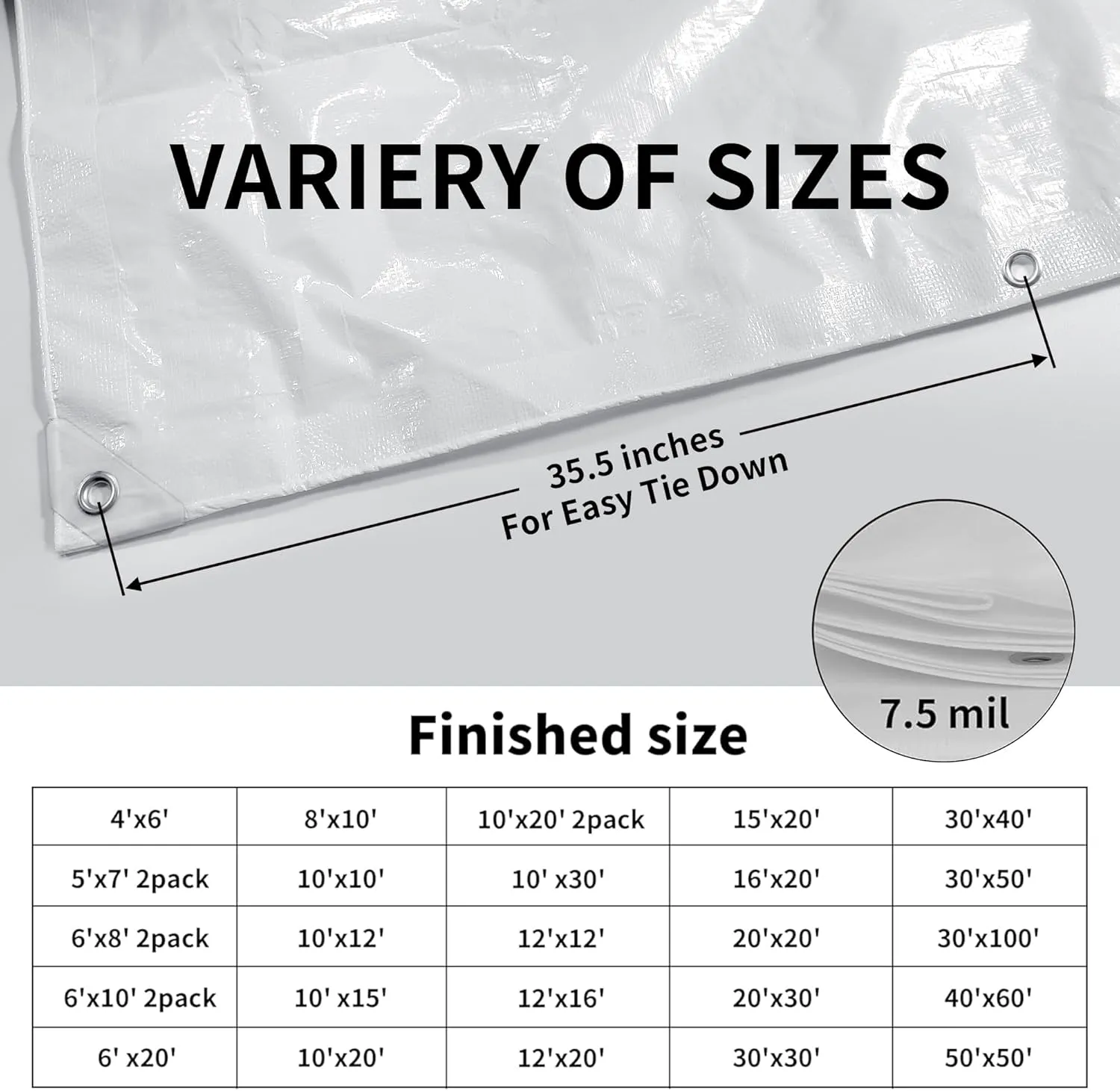 TARPAL 10'x10' White Tarp Waterproof 7.5 mil Medium Duty All Purpose Poly Tarps Cover Waterproof,Snow Proof UV Protection,Rip and Tear Proof,Poly Tarpaulin