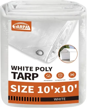 TARPAL 10'x10' White Tarp Waterproof 7.5 mil Medium Duty All Purpose Poly Tarps Cover Waterproof,Snow Proof UV Protection,Rip and Tear Proof,Poly Tarpaulin
