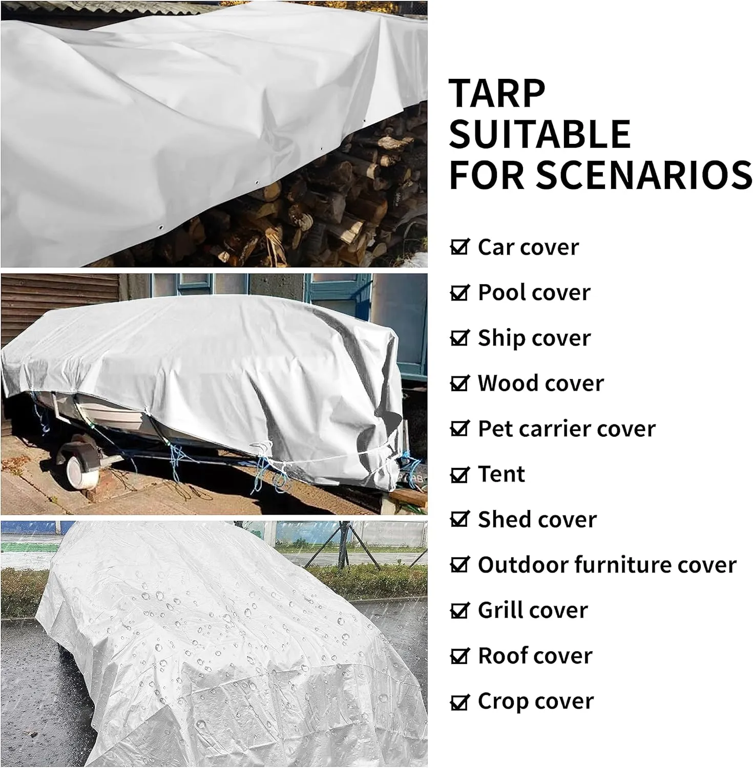TARPAL 10'x10' White Tarp Waterproof 7.5 mil Medium Duty All Purpose Poly Tarps Cover Waterproof,Snow Proof UV Protection,Rip and Tear Proof,Poly Tarpaulin