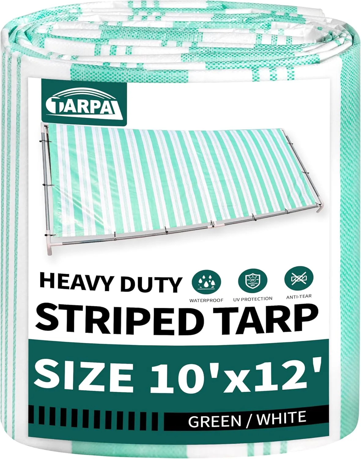 TARPAL Heavy Duty Poly Tarp 10x12 Feet 12mil Striped tarp Multipurpose Protective Cover Durable, Waterproof, Weather Proof, UV,Rip and Tear Proof（Green/White）