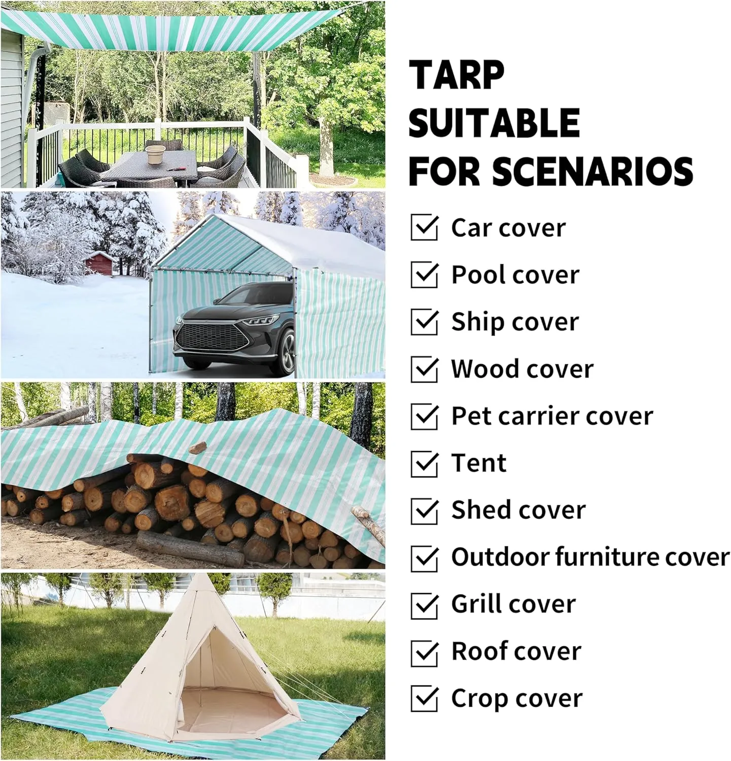 TARPAL Heavy Duty Poly Tarp 10x12 Feet 12mil Striped tarp Multipurpose Protective Cover Durable, Waterproof, Weather Proof, UV,Rip and Tear Proof（Green/White）