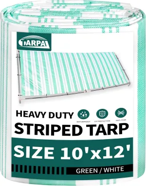 TARPAL Heavy Duty Poly Tarp 10x12 Feet 12mil Striped tarp Multipurpose Protective Cover Durable, Waterproof, Weather Proof, UV,Rip and Tear Proof（Green/White）