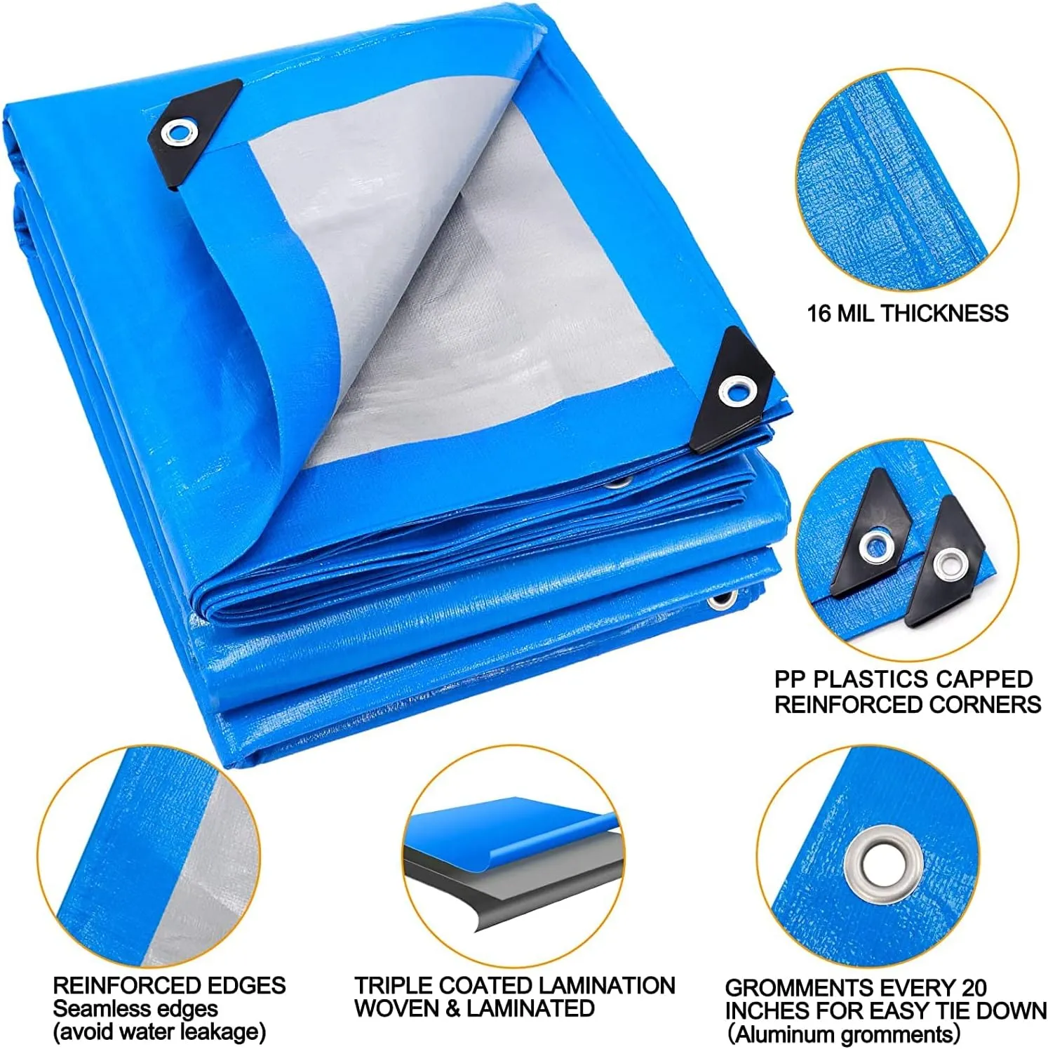 Tarps Heavy Duty Waterproof 10x12, Plastic Poly 16 Mil Thick Tarpaulin with Metal Grommets Every 19.5 Inches - Emergency Rain Shelter, Outdoor Cover, and Camping Use