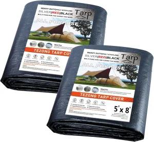 Tarps Heavy Duty Waterproof 5x8ft,TEZONG Black Poly Tarp 12MIL Multipurpose Tarpaulin Outdoor Cover for Emergency Rain,Patio Furniture,Roof,Camping,Car,Pool 2Pack