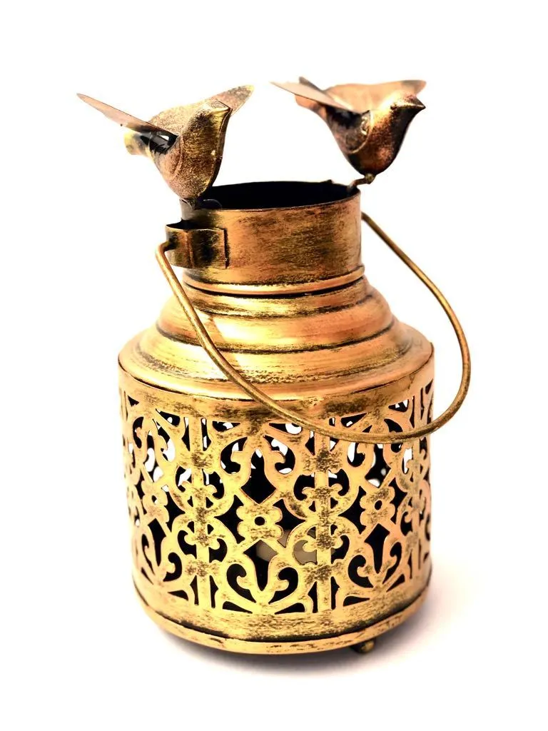 Tea Light Holder Jar Style With Sitting Birds Metal Stunning Art By Tamrapatra
