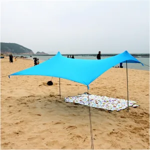 Tent Tarps Large Portable Shelter Tarp Beach Sunshade UPF50 Sun Shade Canopy Tent with 4 Aluminum Poles 4 Sandbag Anchors and 1 Storage Bag for Backpacking, Hiking (Color : Blue) (Blue)