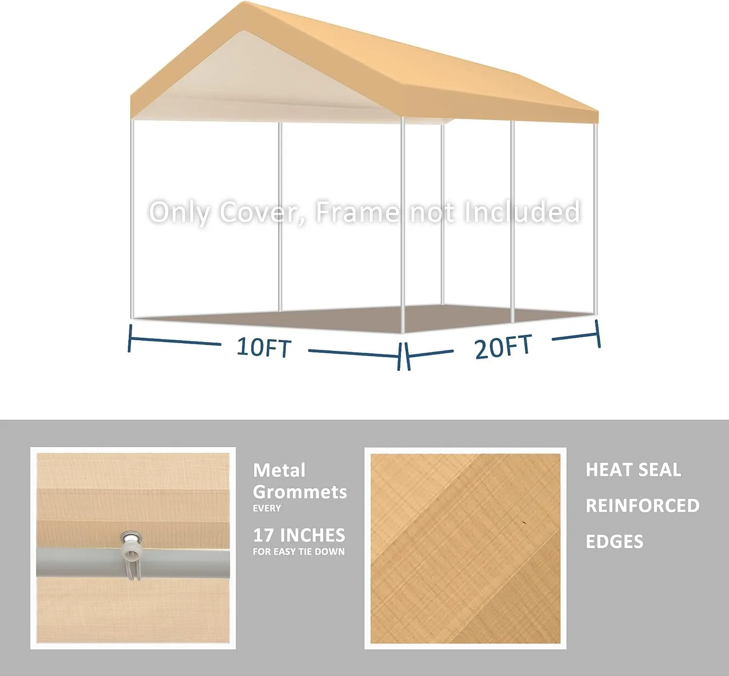 TGEHAP 10' x 20' Upgraded Carport Replacement Top Canopy Cover for Car Garage Top Tarp Shelter, Waterproof Car Cover Tent for Party Garden Boat with Ball Bungees (Frame is not Included)