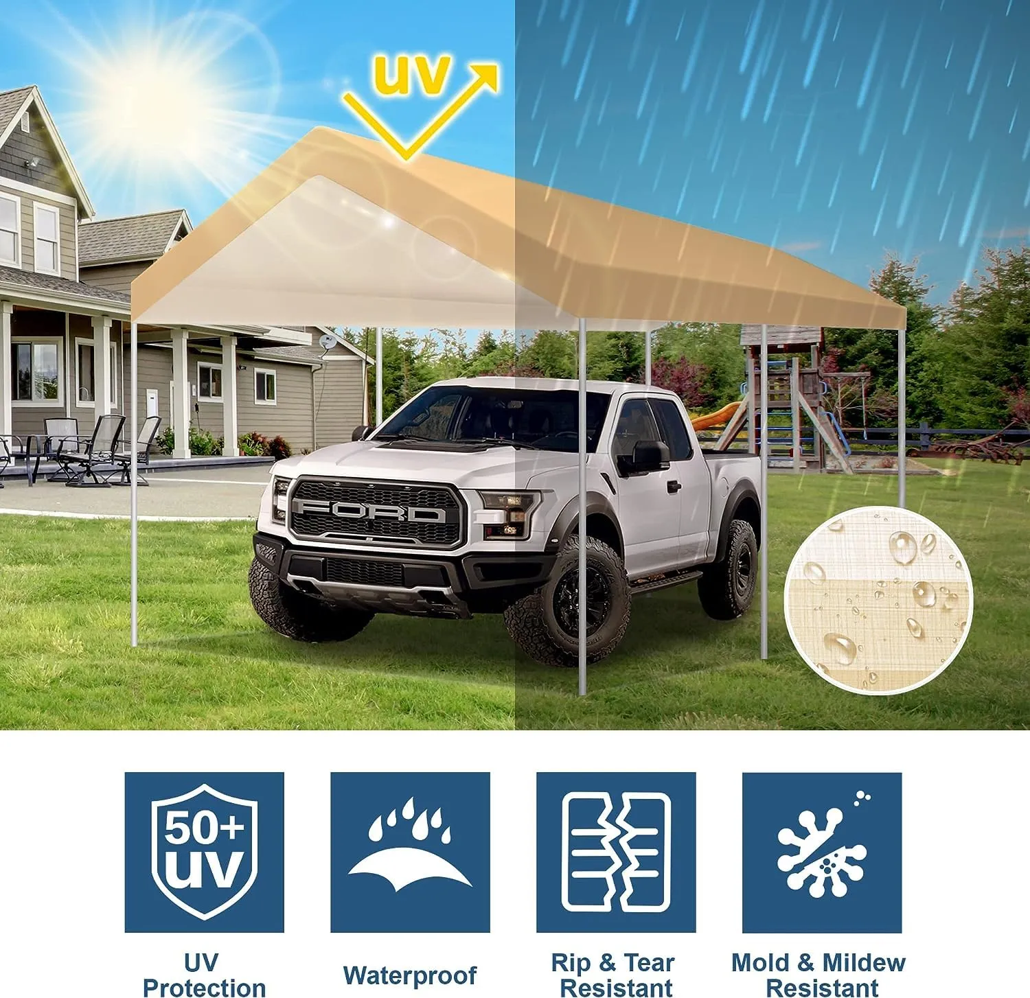 TGEHAP 10' x 20' Upgraded Carport Replacement Top Canopy Cover for Car Garage Top Tarp Shelter, Waterproof Car Cover Tent for Party Garden Boat with Ball Bungees (Frame is not Included)