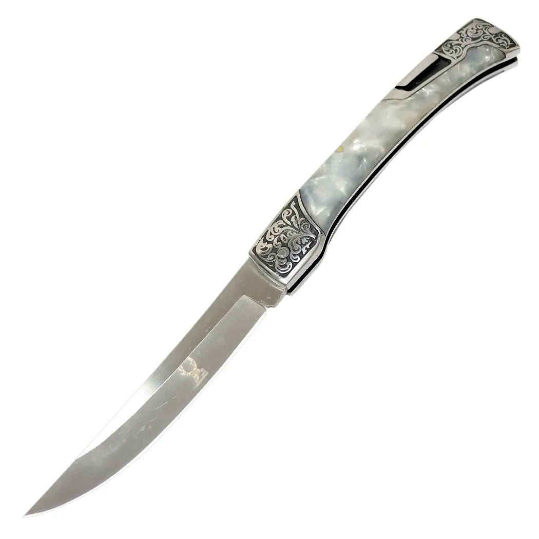TheBoneEdge 9.5" Classic Western Folding Knife Stainless Steel White Pearl Handle 13366