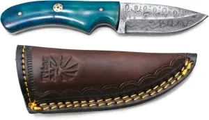 Titan International Knives 7" Drop Point Damascus Steel Knife | Fixed Blade Handmade 1095 4340 Carbon Mix Hand Pounded | Skinning & Hunting Knife Blue Dyed Bone handle includes Leather Sheath
