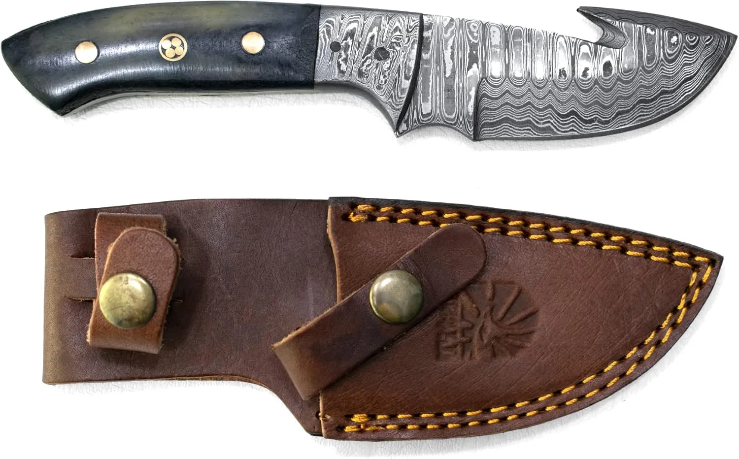 Titan International Knives Damascus Gut Hook Skinning & Hunting Fixed Blade | Handmade 1095 4340 Carbon Mix Hand Pounded | Camel Bone Handle includes Leather Sheath for Camping and Outdoor Activities