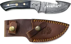 Titan International Knives Damascus Gut Hook Skinning & Hunting Fixed Blade | Handmade 1095 4340 Carbon Mix Hand Pounded | Camel Bone Handle includes Leather Sheath for Camping and Outdoor Activities