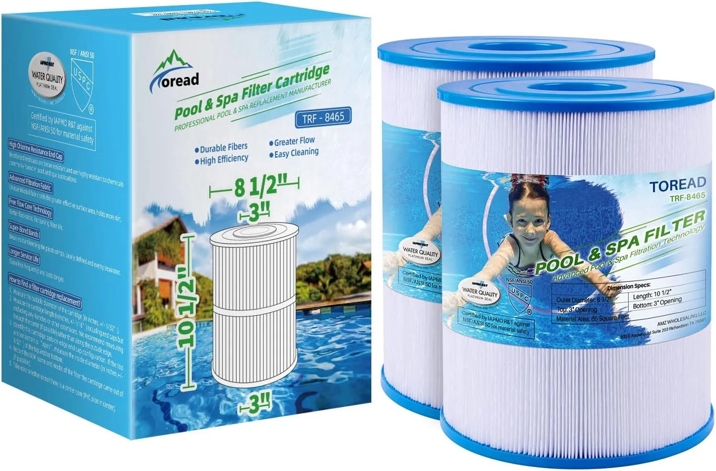 TOREAD NSF-50 Certified Watkins 31114 Replacement Tiger River Spa Filter, Compatible Unicel C-8465, PWK65, Filbur FC-3960, 71827, 71828 Hot Tub Filter, 65 sq. ft Hot Spring Spa Filter (2)