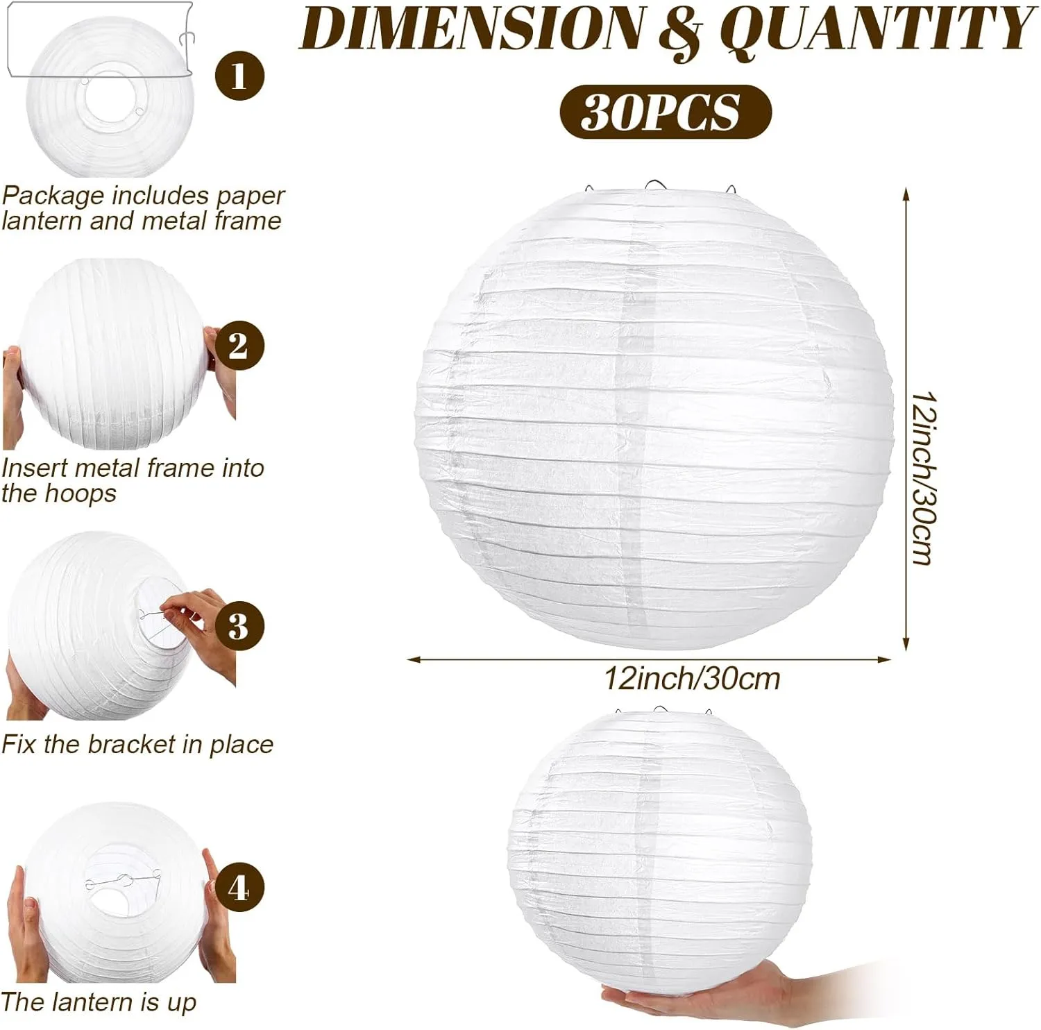 Treela 30 Pack White Chinese Japanese Paper Lanterns Decorative Hanging Ball Round Paper Lantern Lamps for Wedding Birthday Party Home Decorations(12 Inch)