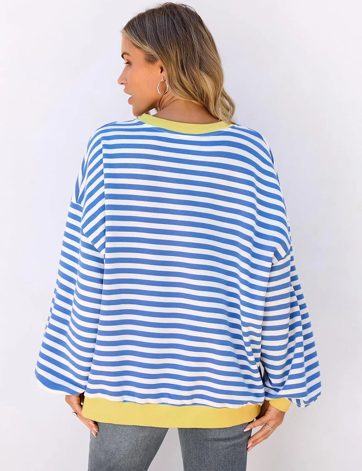 UEU Women Striped Oversized Sweatshirt Color Block Crewneck Long Sleeve Pullover Top Fashion Trendy Preppy Clothes