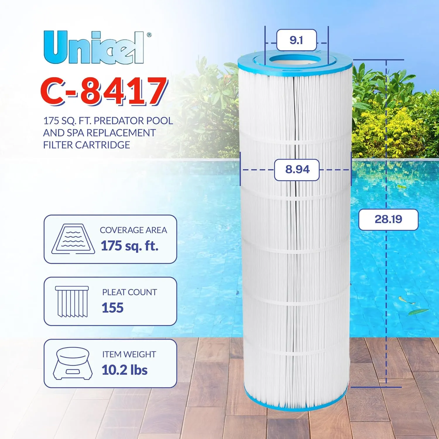 Unicel C-8417 175 Square Foot Media Replacement Pool Filter Cartridge with 202 Pleats, Compatible with Hayward Pool Products and Waterway