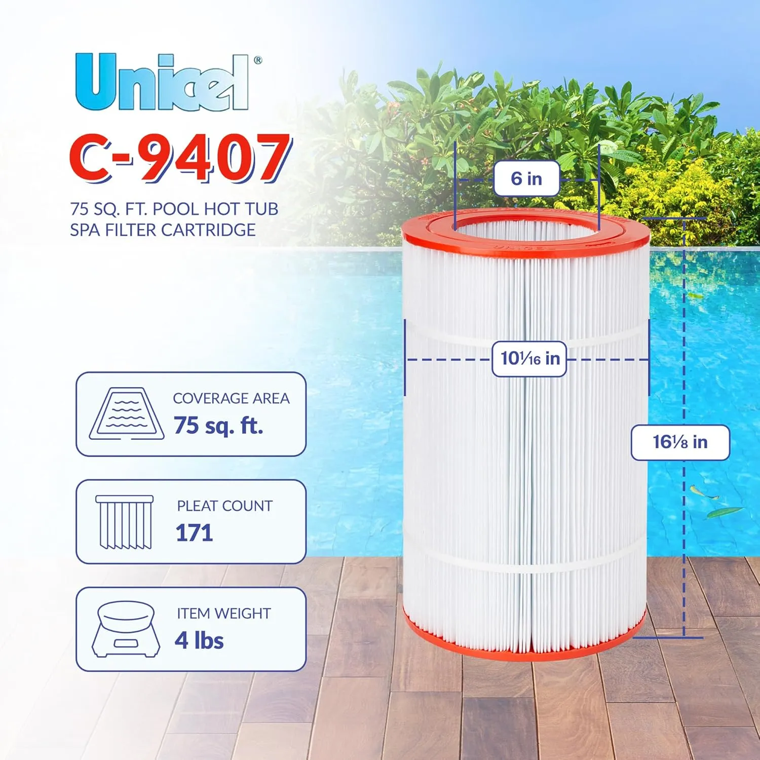 Unicel C-9407 75 Square Foot Media Replacement Pool Hot Tub Spa Filter Cartridge with 171 Pleats