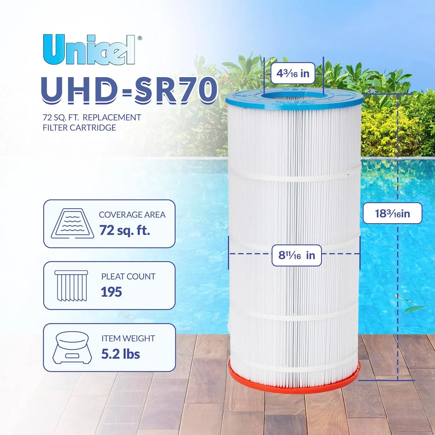 Unicel UHD-SR70 72 Square Foot 4 Oz Media Replacement Swimming Pool Filter Cartridge, 195 Pleats, Compatible with Sta-Rite Posi-Flo Models