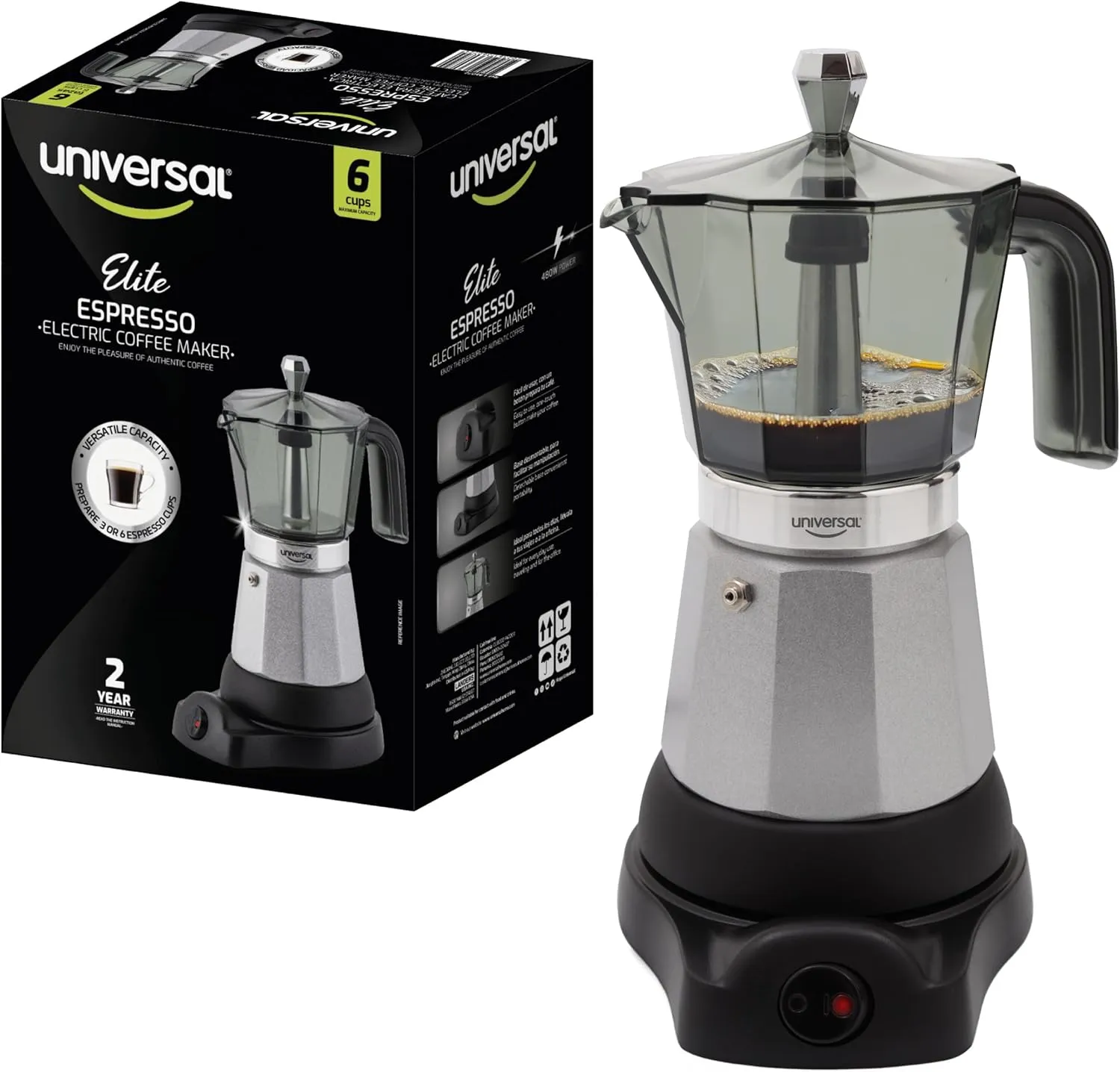 universal Electric Coffee Maker (6 Cups), Cuban Moka Pot (480 Watts), Easy Brewing, Prepare Espresso Recipes: Italian, Latte, Macchiato & Mocaccino