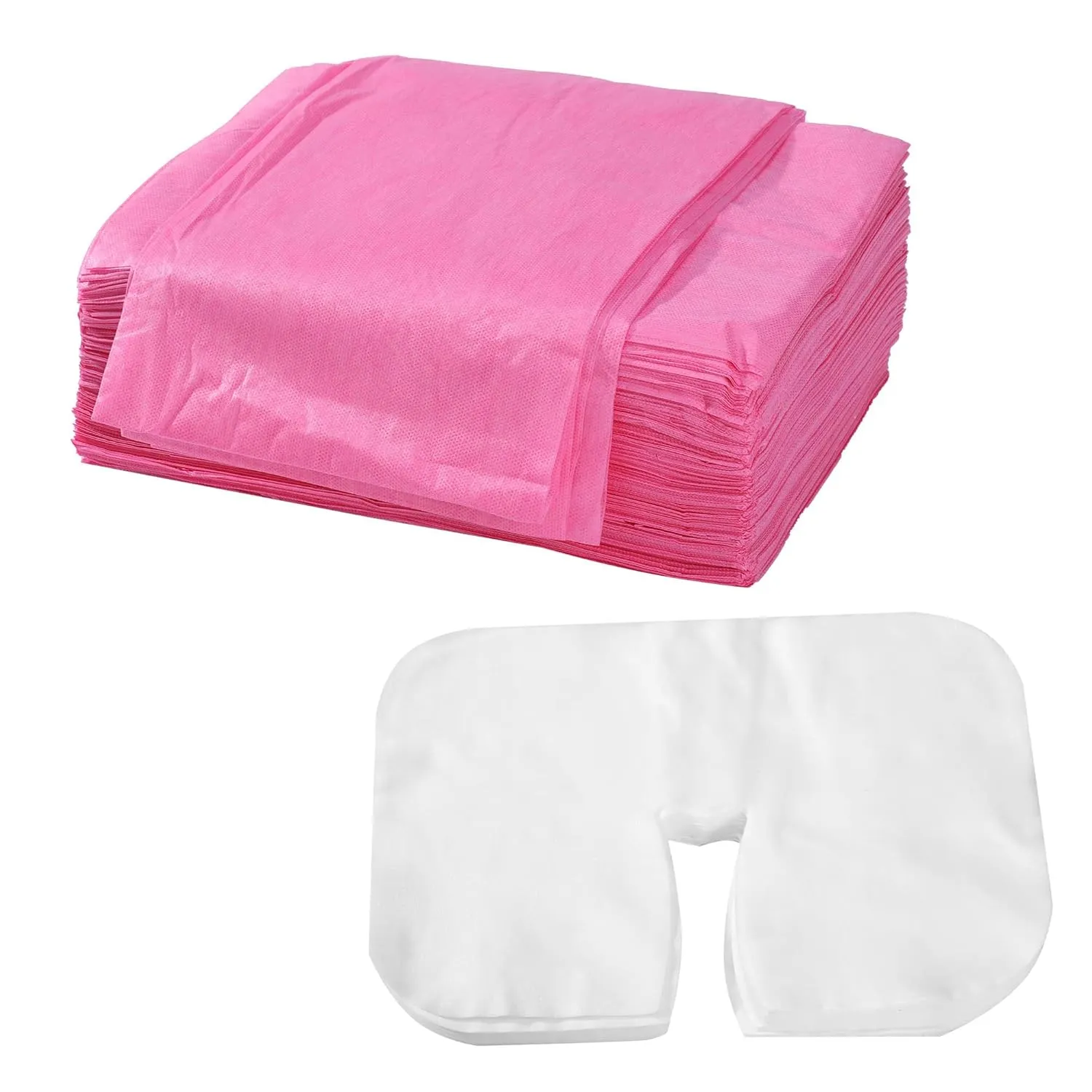 Uralili 200 Pieces Disposable Non Woven Massage Table Sheets Set Include 100 Pieces 31x71 Inches Soft Massage Bed Sheet & 11x14 Inches Face Cradle Covers For Massage Beauty Salon -Pink